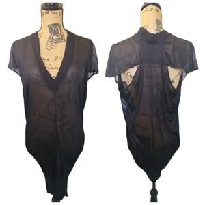 Reiss XS Black Sheer Open Back Deep V-neck Tunic Top